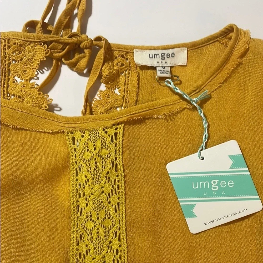Umgee USA Yellow Mustard Crochet Lace Bell Sleeve Boho‎ Tunic Dress